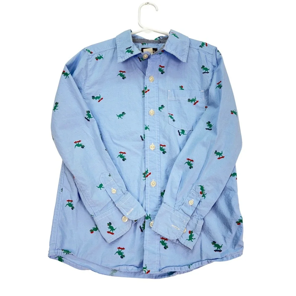OshKosh Button Down Shirt Kids Size 8 Blue Dinosaur‎ Skateboard Long Sleeve